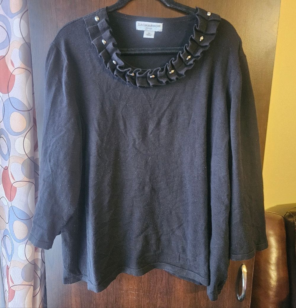 Sag Harbor Black Sweater With Ruffled Neckline Size 2X